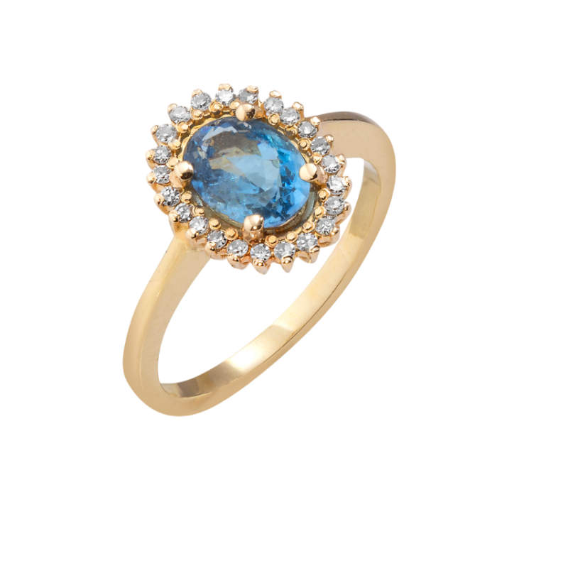 ANEL EM OURO 18K COM ÁGUAS MARINHAS E DIAMANTES