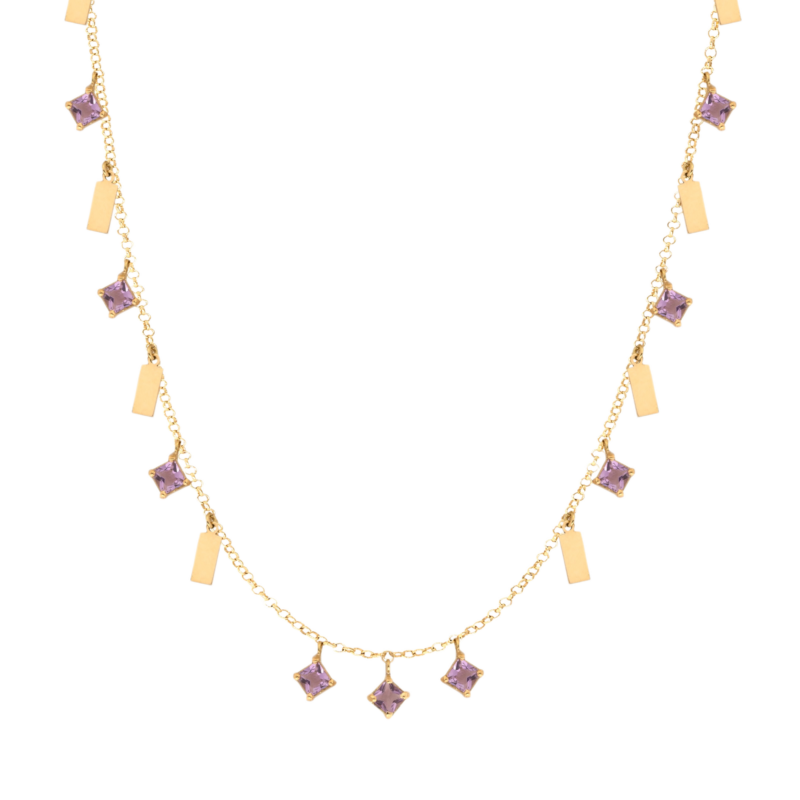 COLAR EM OURO 18K COM PLAQUINHAS E AMETISTAS