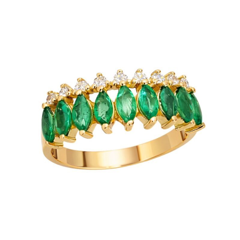 ANEL EM OURO 18K COM ESMERALDAS E DIAMANTES
