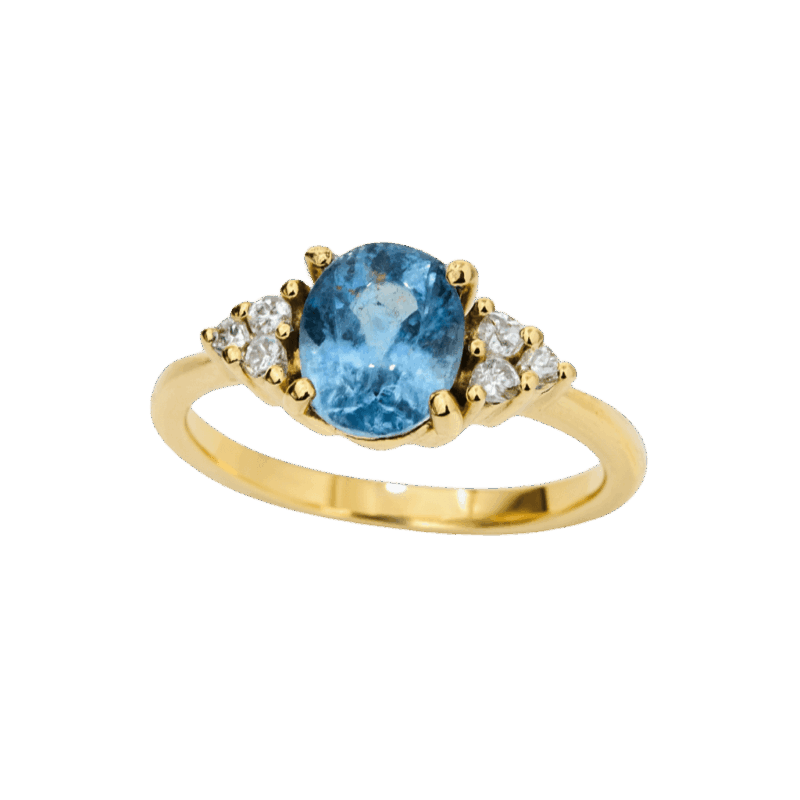 ANEL EM OURO 18K COM ÁGUAS MARINHAS E DIAMANTES