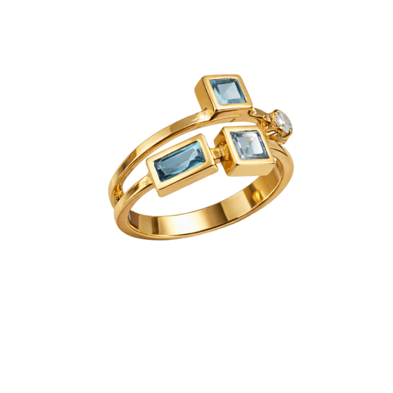 ANEL OURO 18K COM TOPÁZIO LONDON, TOPÁZIO SWISS E SAFIRA BRANCA