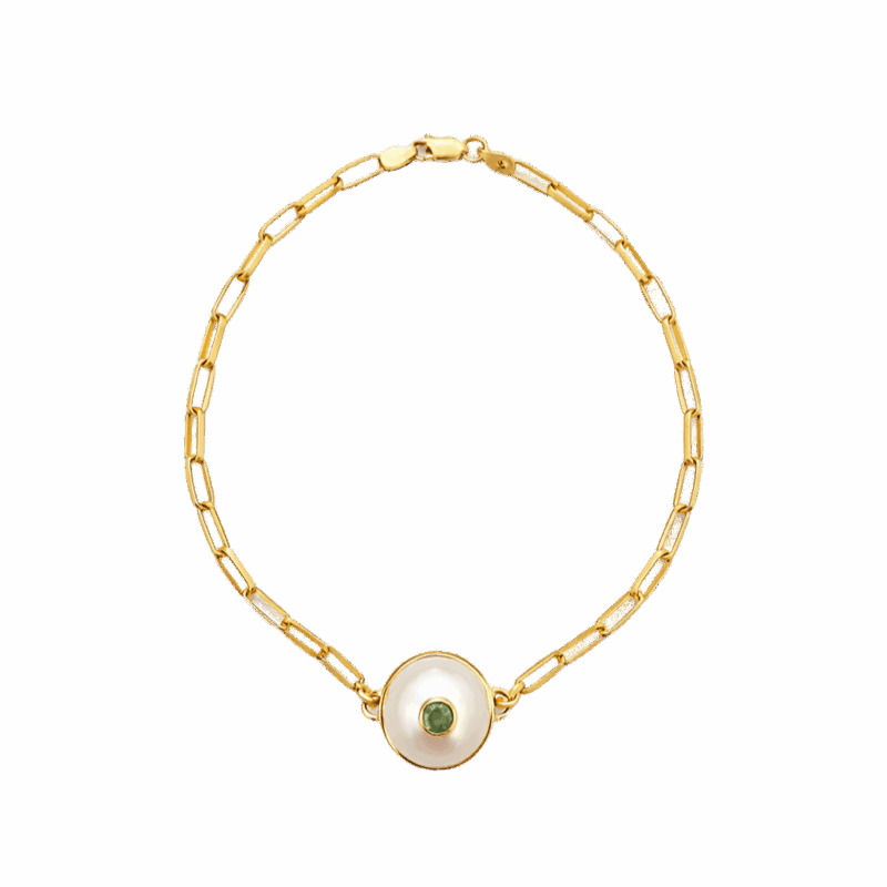 PULSEIRA EM OURO 18K COM PÉROLA E ESMERALDA