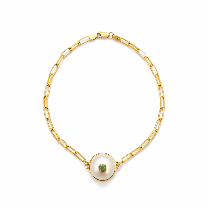 PULSEIRA EM OURO 18K COM PÉROLA E ESMERALDA