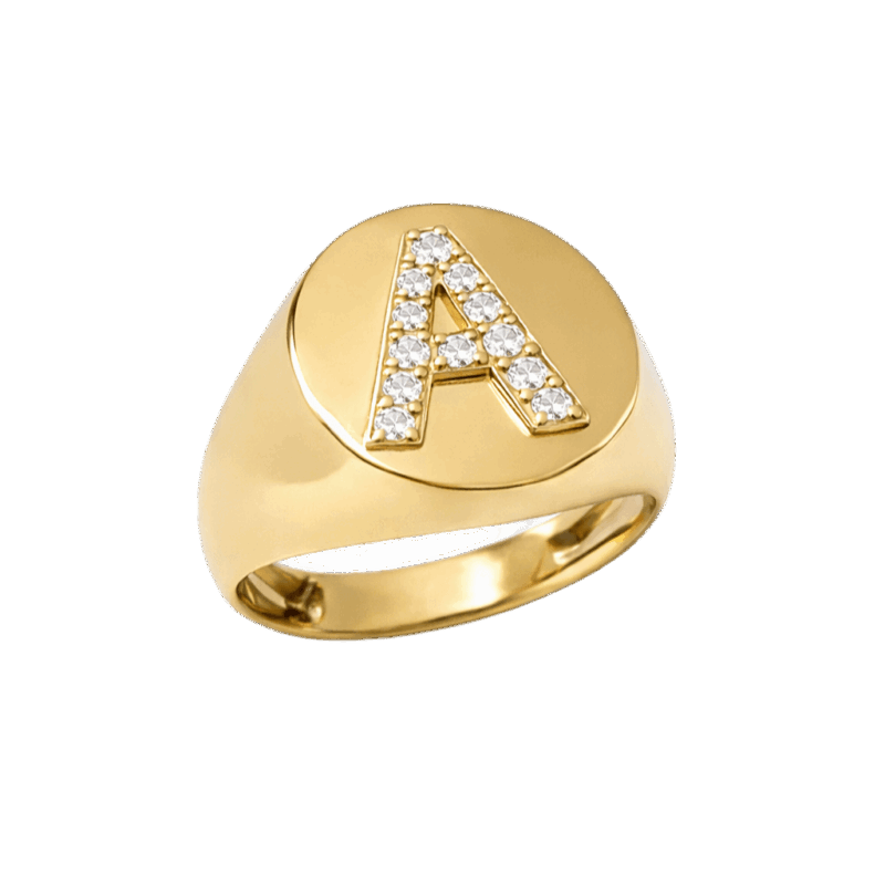 ANEL EM OURO 18K PERSONALIZADO COM LETRA CRAVEJADA COM DIAMANTES