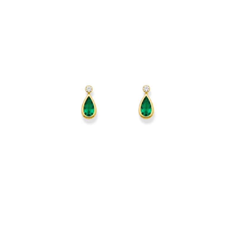 BRINCO OURO 18K SEGUNDO FURO COM ESMERALDA GOTA E DIAMANTE