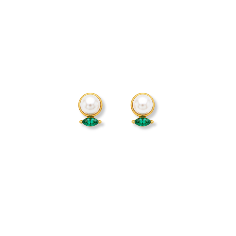 BRINCO OURO 18K COM PÉROLA E ESMERALDA NAVETE SEGUNDO FURO