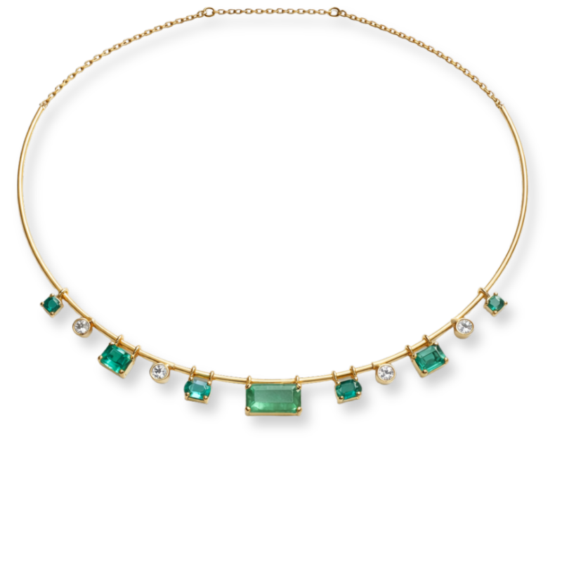 COLAR EM OURO 18K COM ESMERALDAS E SAFIRAS BRANCAS