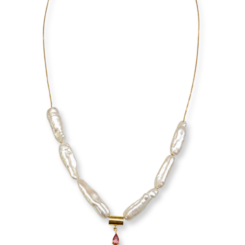 COLAR OURO 18K COM PÉROLAS BARROCAS PALITO E CANUTILHO COM TURMALINA ROSA E DIAMANTE