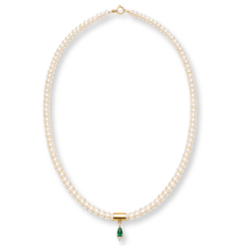 COLAR PÉROLAS NATURAIS COM CANUTILHO EM OURO 18K, ESMERALDA E DIAMANTE